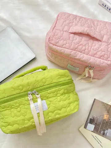 Large Capacity Quilted Flower Cosmetic Bag Macaron Solid Color Travel Makeup Organizer With Ribbon Handle For Women Beauty Studio Bag
