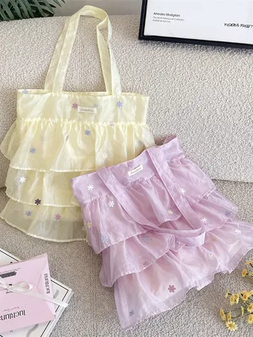 Bolso Tote de Organza con Volantes en Capas de Estilo Coreano para Mujer Bordado Floral Gran Capacidad Bolso de Hombro de Malla