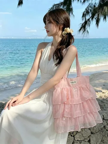 Bolso de Mano de Organza en Capas Estilo Coreano Mujer Bordado de Mariposa Bolso de Hombro con Volantes Verano Diario