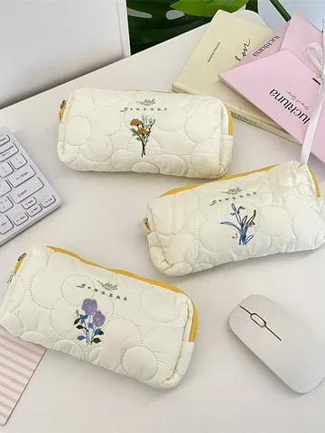 Estuche para Lápices Bordado Floral Acolchado Bolsa de Papelería de Algodón Relleno Estilo Literario Bolsa de Lápices con Cremallera Neceser Portátil