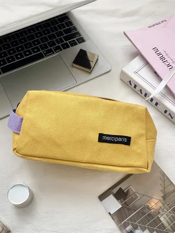 Trousse à Crayons en Toile de Grande Capacité Sac de Papeterie Minimaliste Bloc de Couleur Avec Dragonne Jaune Gingembre