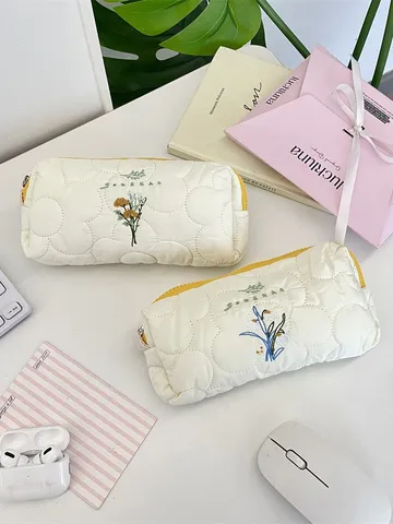 Estuche para Lápices Bordado Floral Acolchado Bolsa de Papelería de Algodón Relleno Estilo Literario Bolsa de Lápices con Cremallera Neceser Portátil