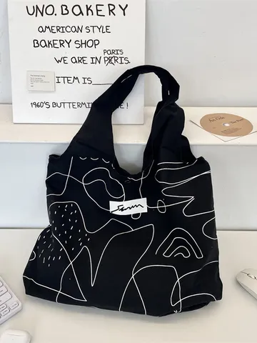 Bolso De Mano De Lona De Arte De Línea Abstracta Para Mujer Bolso De Hombro Estampado En Blanco Y Negro De Gran Capacidad