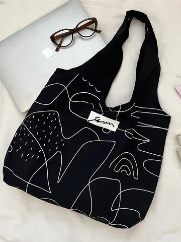 Bolso De Mano De Lona De Arte De Línea Abstracta Para Mujer Bolso De Hombro Estampado En Blanco Y Negro De Gran Capacidad