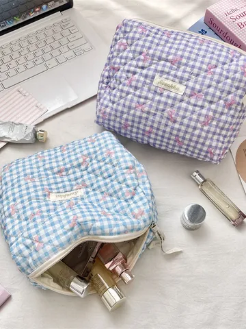 Frische Gesteppte Gingham Kosmetiktasche Für Damen Mädchen Große Kapazität Kulturbeutel Mit Rosa Schleifenmuster Reißverschluss Handtasche Reise Aufbewahrungstasche
