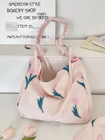 Sac Fourre-Tout pour Femmes avec Broderie de Tulipes Plissées Bandoulière à Volants en Polyester pour l'École Rose Sac