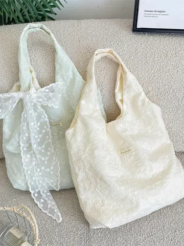 Koreanischer Mädchenhafter Bestickter Kirschblüten Tragetasche Große Kapazität Schultertasche Mit Spitzenschleife Für Damen