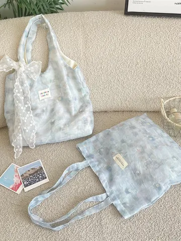 Korean Style Ice Blue Marble Floral Tote Bag Large Capacity Lace Bow Shoulder Bag Casual Printed School Commuter Bag For Women