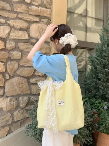 Korean Style Floral Gauze Mesh Tote Bag Large Capacity Soft Lace Bow Shoulder Bag Fresh Pastoral Vest Bag For Women