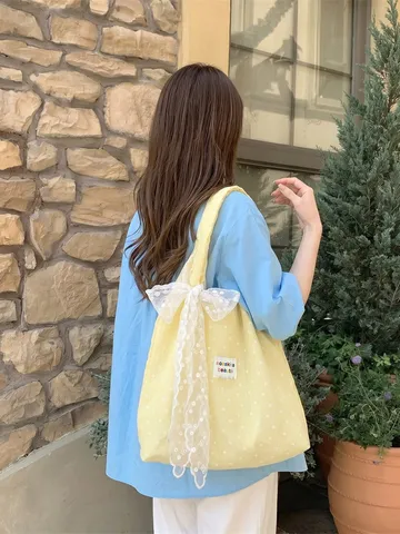 Korean Style Floral Gauze Mesh Tote Bag Large Capacity Soft Lace Bow Shoulder Bag Fresh Pastoral Vest Bag For Women