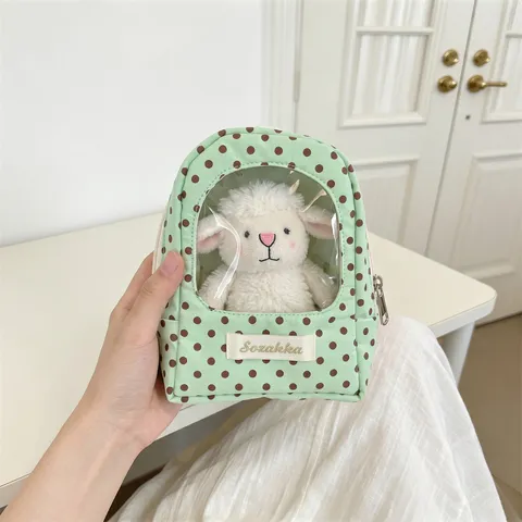 Polka Dot Doll Storage Bag Transparent Window Design Mini Backpack Ita Bag For Doll Display Travel Portable Storage Bag With Hook