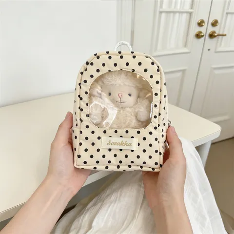 Polka Dot Doll Storage Bag Transparent Window Design Mini Backpack Ita Bag For Doll Display Travel Portable Storage Bag With Hook