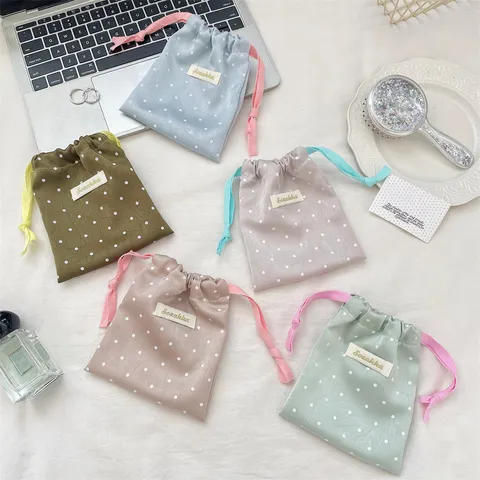 Polka Dot Satin Drawstring Bag Macaron Color Contrast Cord Jewelry Storage Pouch Portable Hair Accessory Pouch For Women Travel Home Organization