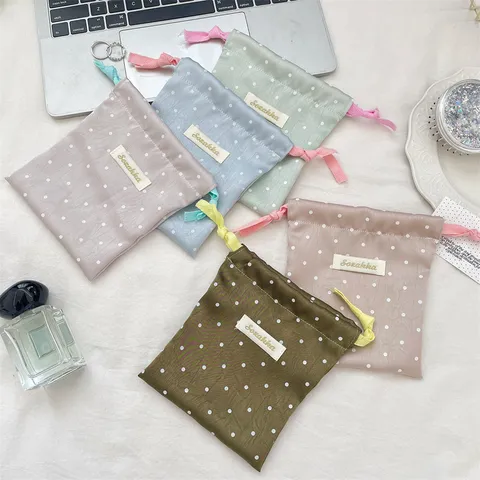 Polka Dot Satin Drawstring Bag Macaron Color Contrast Cord Jewelry Storage Pouch Portable Hair Accessory Pouch For Women Travel Home Organization