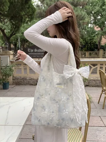 Florale Stickerei Batik Tote Bag Große Kapazität Umhängetasche Mädchenhafter Stil Pendler Handtasche Für Damen Schule Alltags Tasche