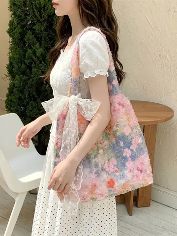 Women Large Capacity Floral Tote Bag Korean Style Lace Bow Shoulder Bag Printed Rose Canvas Handbag For School Commute
