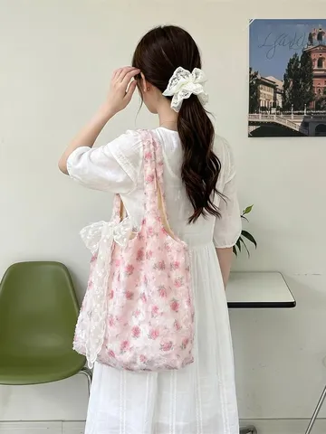 Women Large Capacity Floral Tote Bag Korean Style Lace Bow Shoulder Bag Printed Rose Canvas Handbag For School Commute