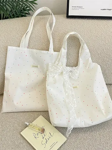 Sac en Toile Esthétique à Pois pour Femmes Blanc Cassé Nœud en Dentelle Sac Fourre-tout Étudiants Décontracté Style Paresseux Sac à Bandoulière