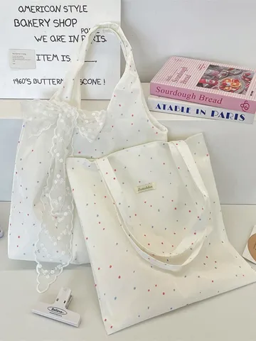 Sac en Toile Esthétique à Pois pour Femmes Blanc Cassé Nœud en Dentelle Sac Fourre-tout Étudiants Décontracté Style Paresseux Sac à Bandoulière