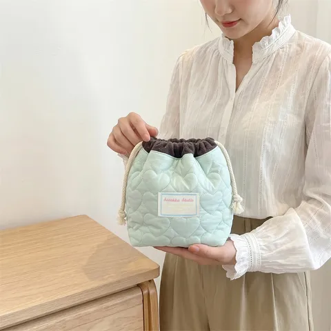 Bolsa con Cordón Acolchada de Corazón Color de Contraste Bolsa de Cosméticos Organizador de Lápiz Labial Bolsa de Almacenamiento de Poliéster Portátil para Mujer