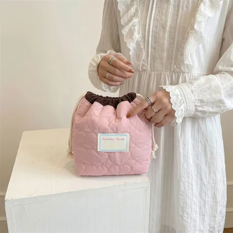 Bolsa con Cordón Acolchada de Corazón Color de Contraste Bolsa de Cosméticos Organizador de Lápiz Labial Bolsa de Almacenamiento de Poliéster Portátil para Mujer