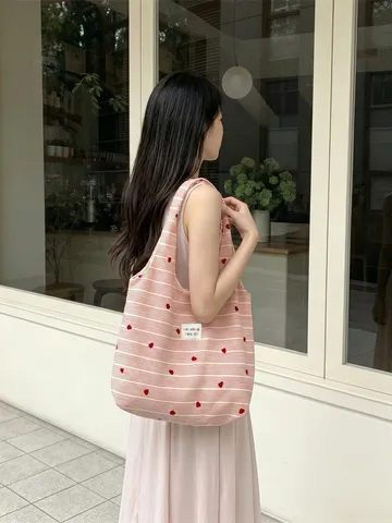 Sweet Girl Pink White Striped Tote Bag Heart Embroidery Lace Bow Shoulder Bag Polyester Handbag Casual Commuter Vest Bag