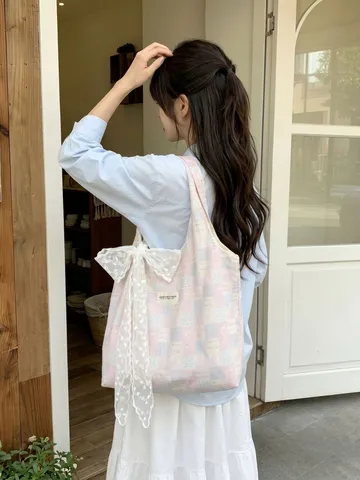 Koreanischer Mädchenstil Karierte Tragetasche Große Kapazität Polyester Umhängetasche Rosa Blau Karo Segeltuchtasche Für Die Schule Damen