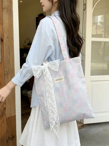 Koreanischer Mädchenstil Karierte Tragetasche Große Kapazität Polyester Umhängetasche Rosa Blau Karo Segeltuchtasche Für Die Schule Damen