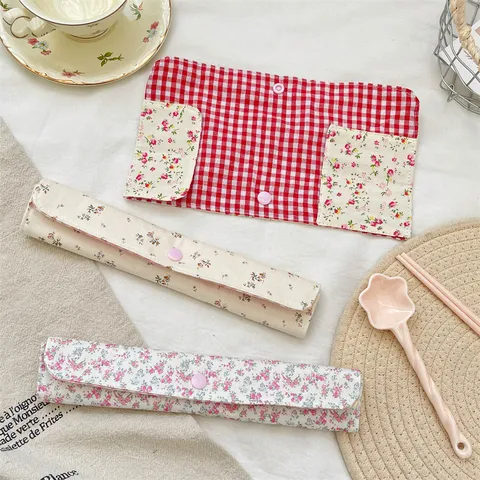 Floral Plaid Patchwork Cutlery Storage Bag Snap Button Portable Chopsticks Spoon Pouch Organizer For Student Travel Kitchen