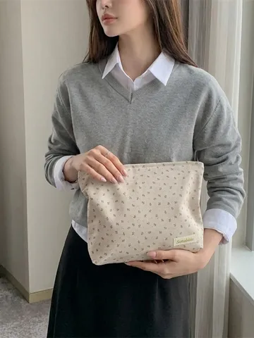 Koreanischer Stil Floral Canvas Make-up Tasche Große Kapazität Reißverschluss Kulturbeutel Organizer Für Damen Reise Kosmetik Aufbewahrungstasche