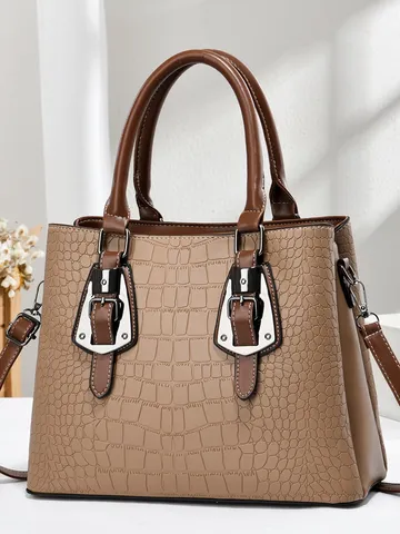 Women Large Capacity Crocodile Pattern Handbag Casual PU Leather Shoulder Bag Elegant Commuter Tote Bag For Ladies