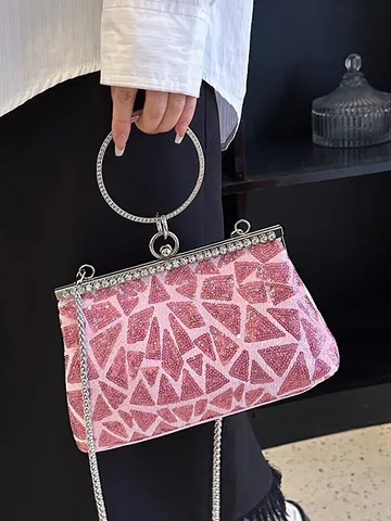 Sac de Soirée Vintage à Paillettes Bloc de Couleur Géométrique Fermoir en Strass Pochette Femme Sac à Main Sac à Bandoulière pour Banquet Fête