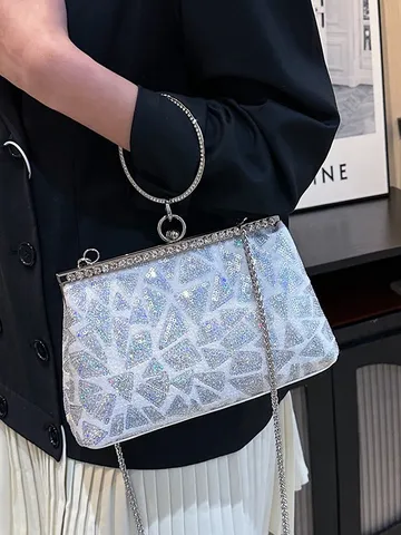 Sac de Soirée Vintage à Paillettes Bloc de Couleur Géométrique Fermoir en Strass Pochette Femme Sac à Main Sac à Bandoulière pour Banquet Fête