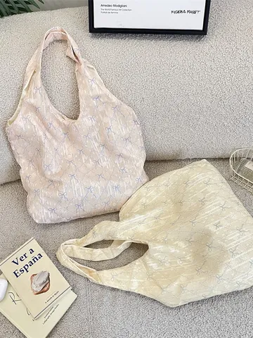 Sweet Fresh Bow Textured Shoulder Bag For Women Polyester Striped Print Vest Style Underarm Tote Bag Shopper Handbag For Daily Shopping