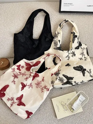 Women Embroidered Lace Butterfly Canvas Shoulder Bag Large Capacity Tote Vest Handbag Retro National Style Casual Travel Bag
