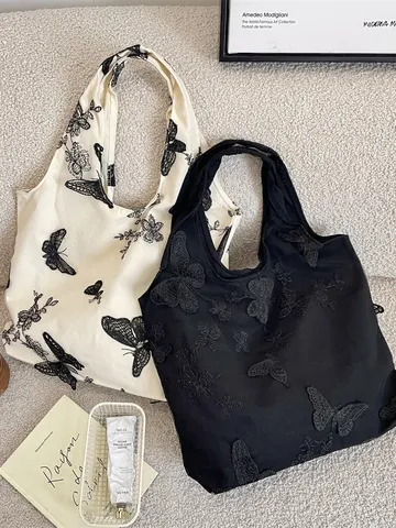 Women Embroidered Lace Butterfly Canvas Shoulder Bag Large Capacity Tote Vest Handbag Retro National Style Casual Travel Bag