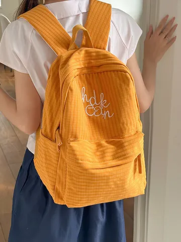 Japanese Harajuku Plaid Large Capacity School Backpack For Students Junior High Letter Embroidery Nylon Casual Travel Backpack For Women