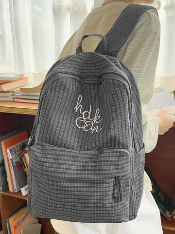 Japanese Harajuku Plaid Large Capacity School Backpack For Students Junior High Letter Embroidery Nylon Casual Travel Backpack For Women