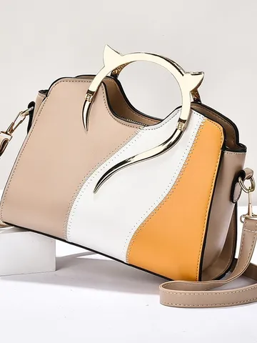 Fashion Color Block Shell Bag For Women PU Leather Patchwork Handbag Metal Cat Ear Handle Large Capacity Shoulder Bag