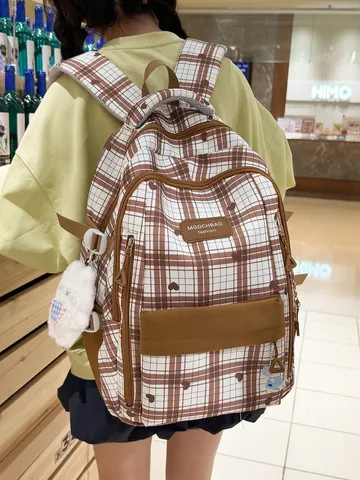 Sac à Dos Scolaire en Nylon Plaid Pour Élèves du Secondaire Grande Capacité Respirant Allégement de Charge Urbain Minimaliste