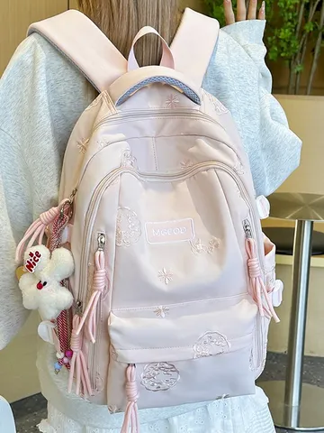Chinese Style Embroidery School Backpack Large Capacity Preppy Student Bookbag Lightweight Travel Rucksack For Girls Junior High Students With Pendant