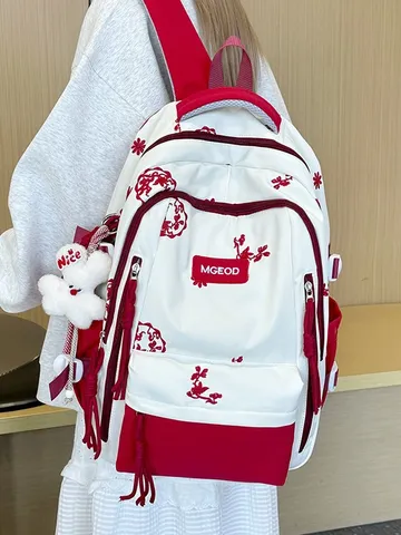 Chinese Style Embroidery School Backpack Large Capacity Preppy Student Bookbag Lightweight Travel Rucksack For Girls Junior High Students With Pendant