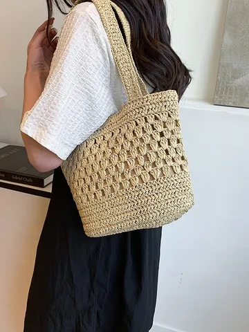 Sac Tote en Paille Tissé pour Femmes Décontracté Ajouré Sac Bandoulière Minimaliste Tissé à la Main en Raphia Sac de Plage Vacances
