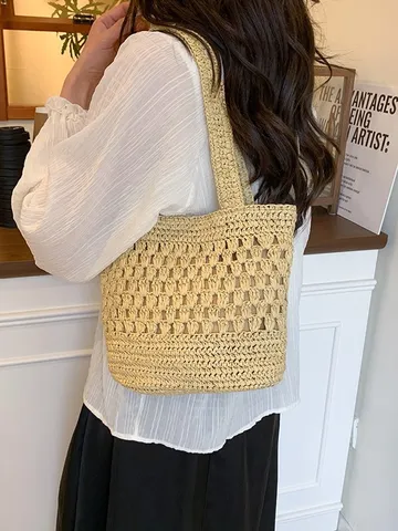 Sac Tote en Paille Tissé pour Femmes Décontracté Ajouré Sac Bandoulière Minimaliste Tissé à la Main en Raphia Sac de Plage Vacances