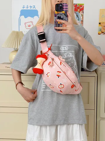 Linda Bolso de Pecho para Niñas con Estampado de Manzana y Estrella Riñonera de Nailon Color Caramelo Bolso Bandolera para Mujer