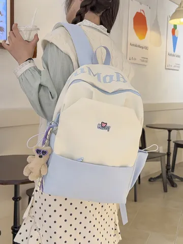 Casual Nylon School Backpack For Teenagers Color Block Large Capacity Printed Letter Shoulder Bookbag Unisex Everyday Travel Bag