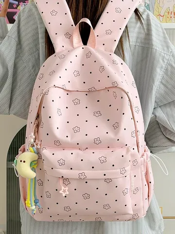 Fresh Star Print Nylon Backpack Large Capacity School Bag For Girls Students Daily Campus Travel Outdoor Daypack