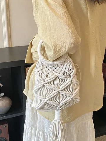 Damen Handgefertigte Gestrickte Ausgeschnittene Handtasche Vintage Quaste Handgelenk Tasche Mode Gewebte Baumwolle Tote Für Sommer Strand Pendeln