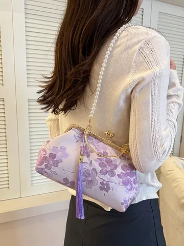 Vintage Chinese Style Embroidered Flower Evening Bag Floral Tassel Metal Frame Clasp Crossbody Bag For Women Party Wedding