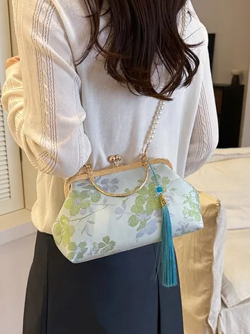 Vintage Chinese Style Embroidered Flower Evening Bag Floral Tassel Metal Frame Clasp Crossbody Bag For Women Party Wedding